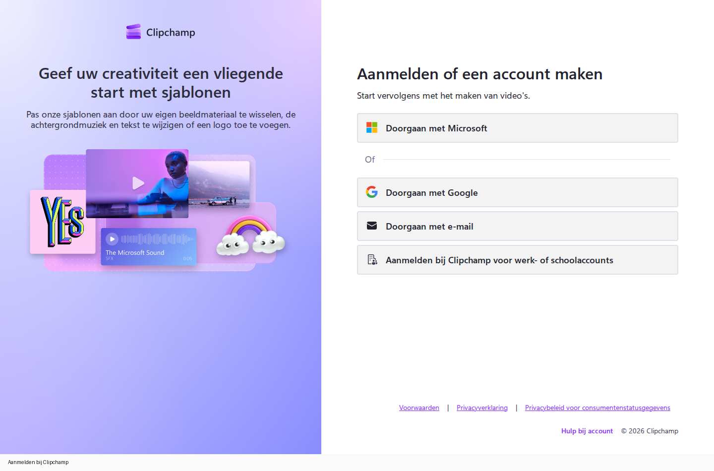 Aanmelden bij Clipchamp