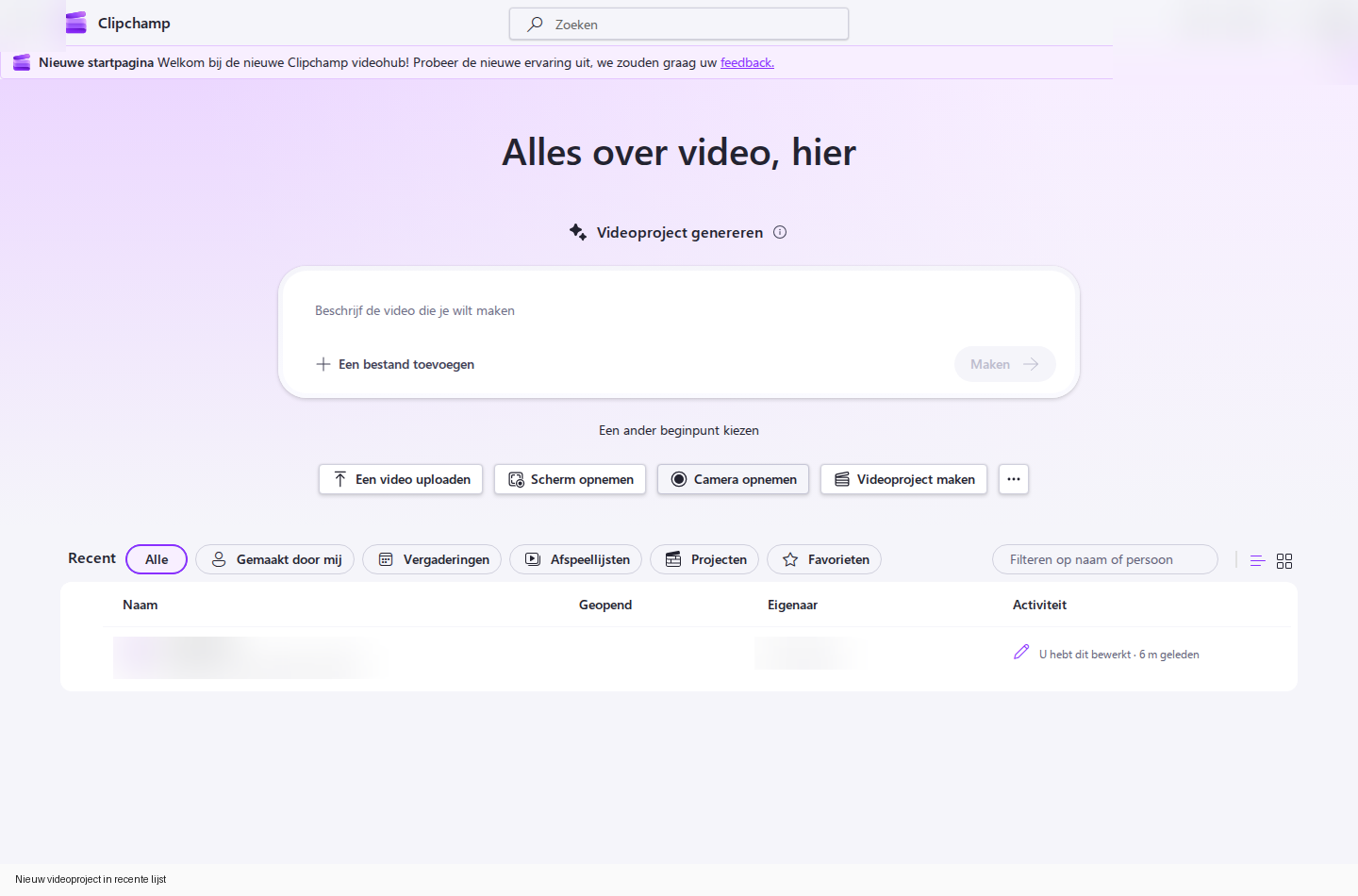 Nieuw Clipchamp project