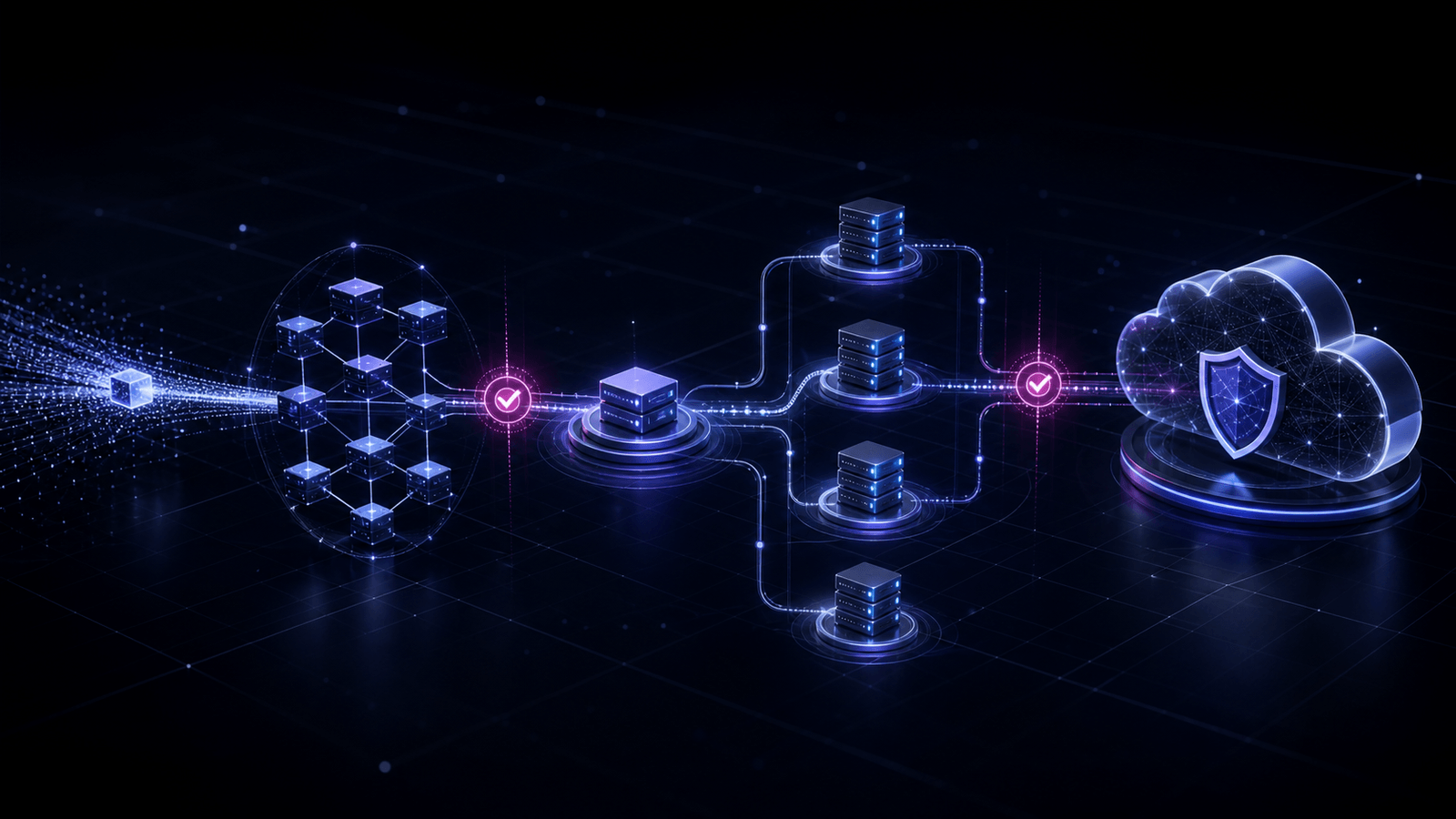 Donkere netwerkvisualisatie van een beveiligde DNS-route tussen nameservers en een bedrijfscloud