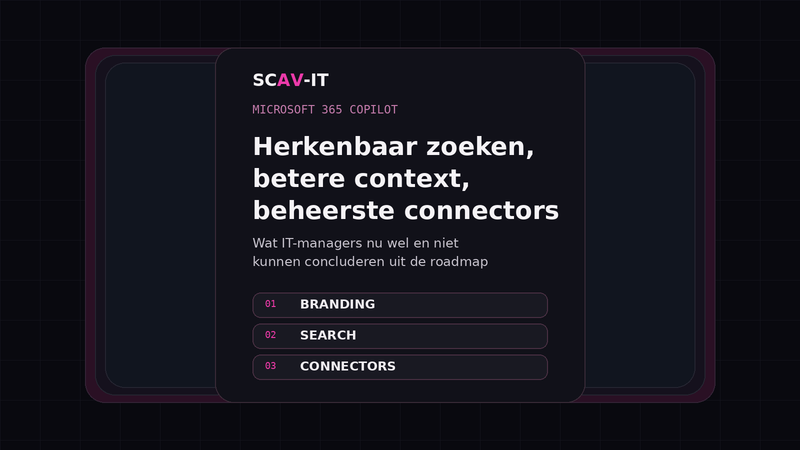 Donkere SCAV-IT illustratie met de drie beheerthema’s branding, Search en connectors voor Microsoft 365 Copilot