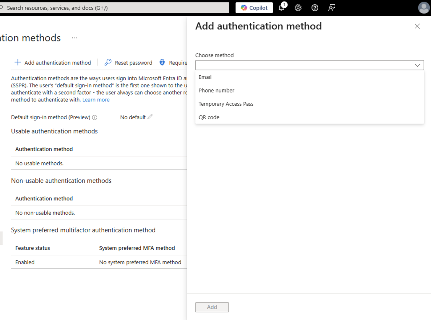 Microsoft Entra-beheercentrum met het gebruikersscherm Authentication methods en de optie om een methode toe te voegen