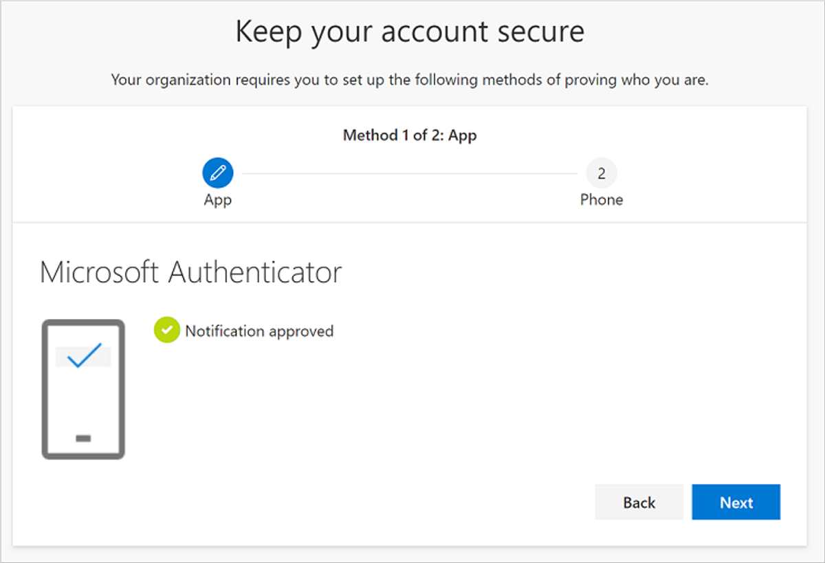 Microsoft-beveiligingswizard met de bevestiging dat de Authenticator-melding is goedgekeurd