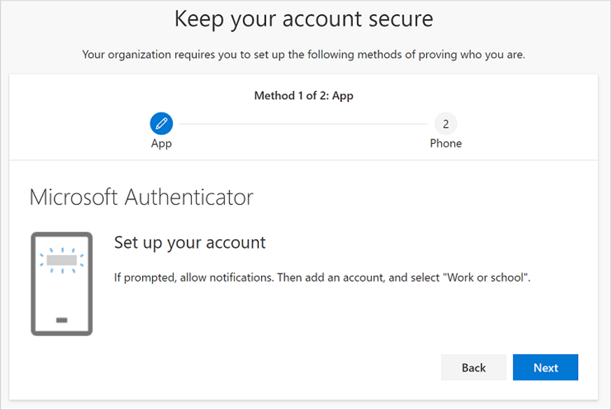 Microsoft-beveiligingswizard met de stap om een werk- of schoolaccount in Authenticator toe te voegen