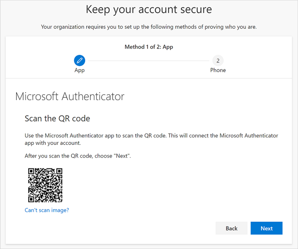Microsoft-beveiligingswizard met de QR-code voor een nieuwe Authenticator-registratie