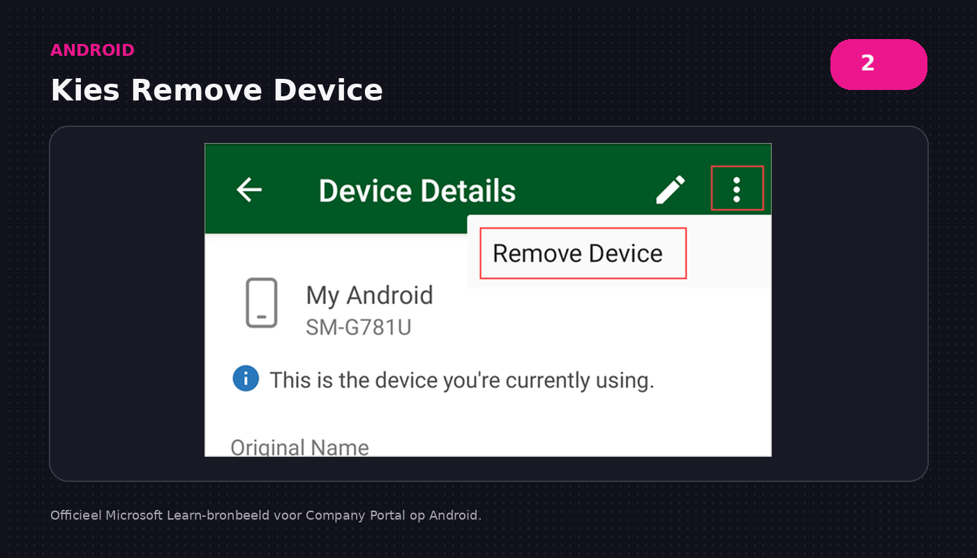 Android Company Portal-menu met de officiële optie Remove Device zichtbaar