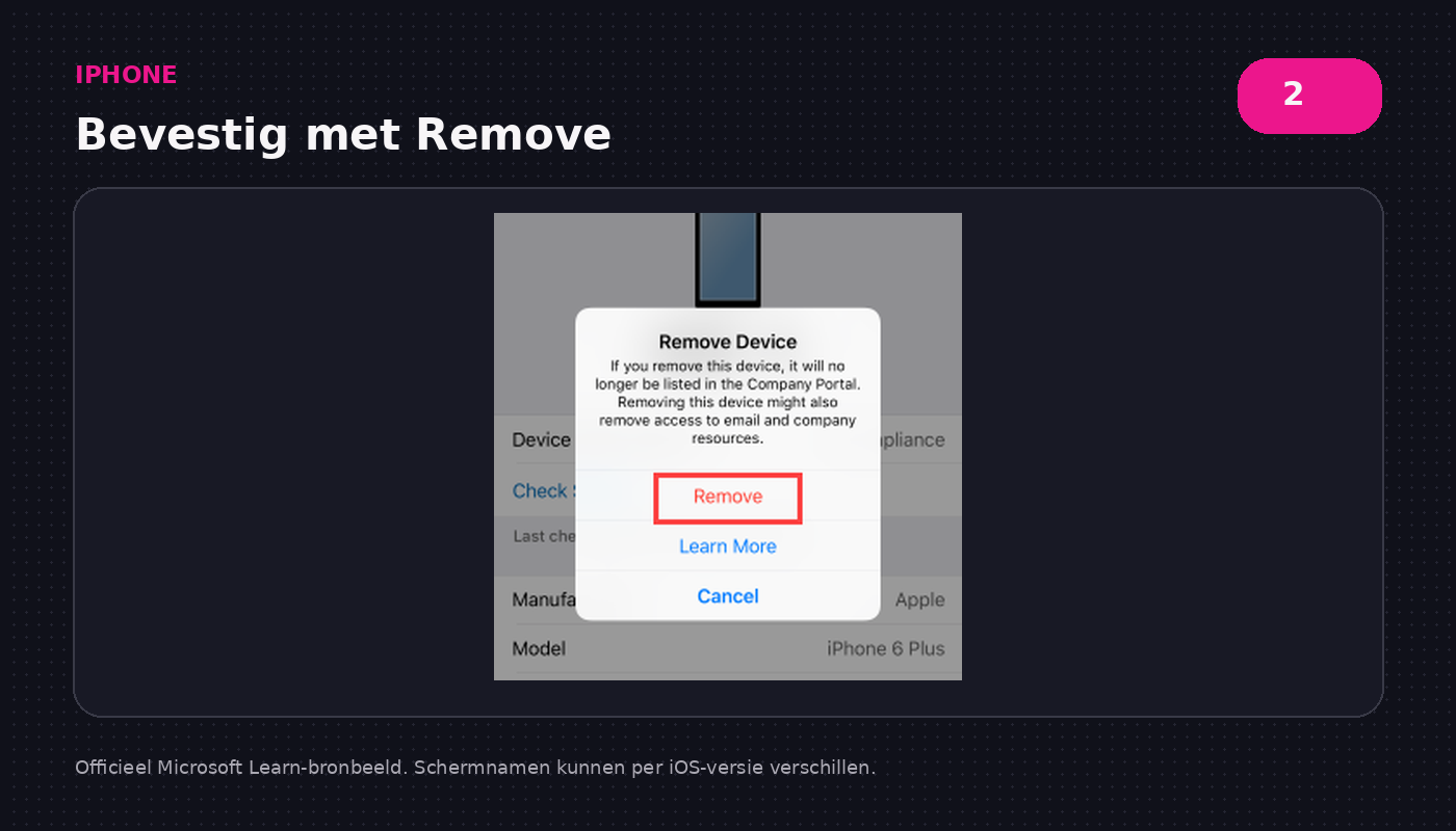 iPhone Company Portal met de rode bevestigingsknop Remove voor uitschrijving