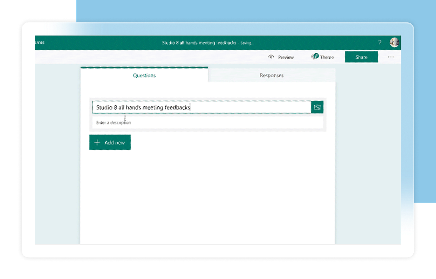 Microsoft Forms-editor met titelveld, tabbladen Vragen en Reacties en de knop Nieuw toevoegen
