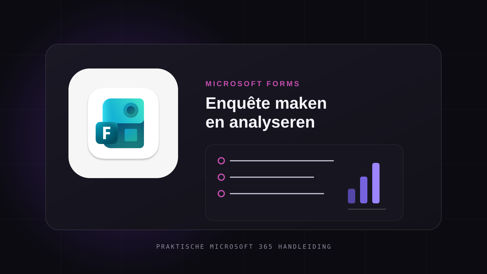Illustratie van Microsoft Forms met een enquête, antwoordregels en een resultaatgrafiek