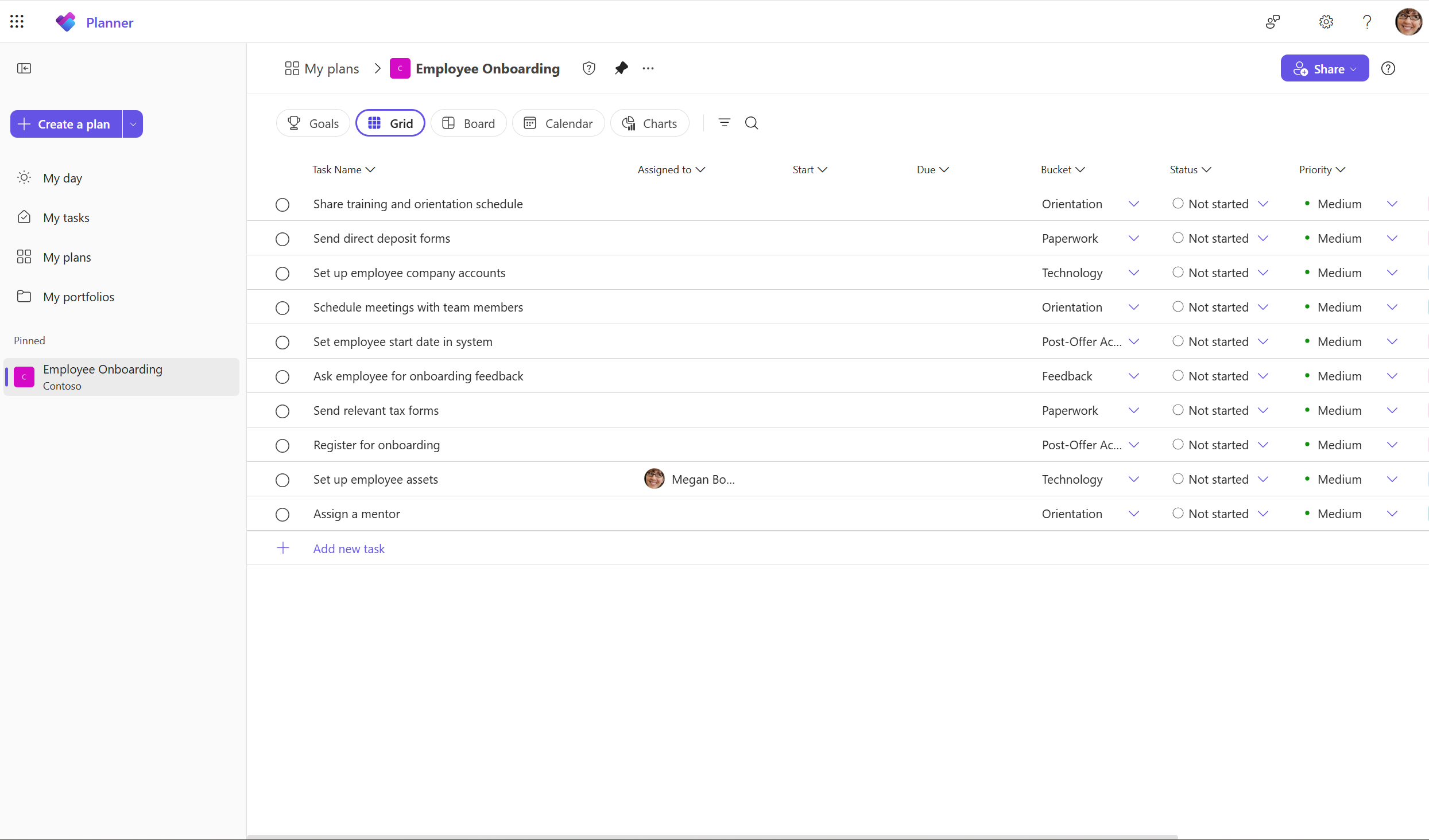 Microsoft Planner Grid-weergave met taaknaam, eigenaar, datum, bucket, status en prioriteit