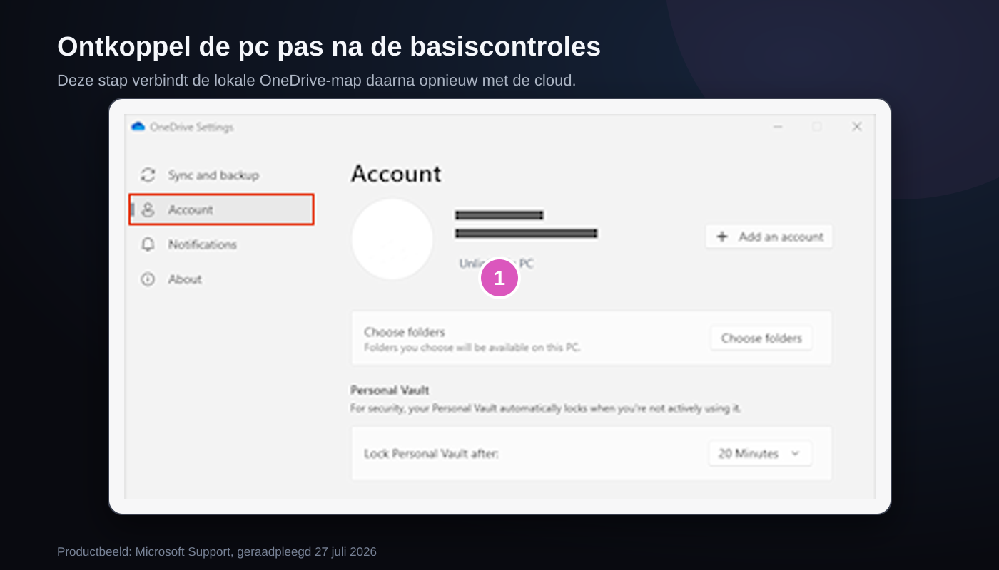 OneDrive-instellingen met marker op de optie Unlink this PC om de computer te ontkoppelen