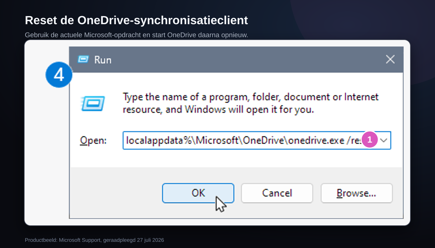 Windows-venster Uitvoeren met marker op de OneDrive-resetopdracht