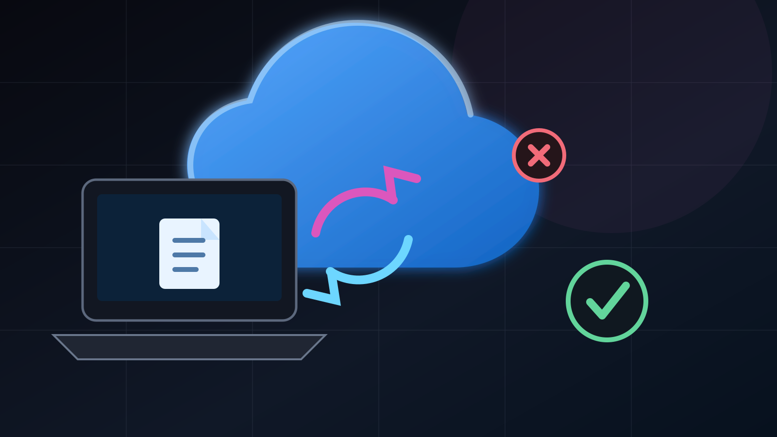 Donkere illustratie van een laptop en cloud met synchronisatiepijlen, een foutmelding en een groen herstelteken