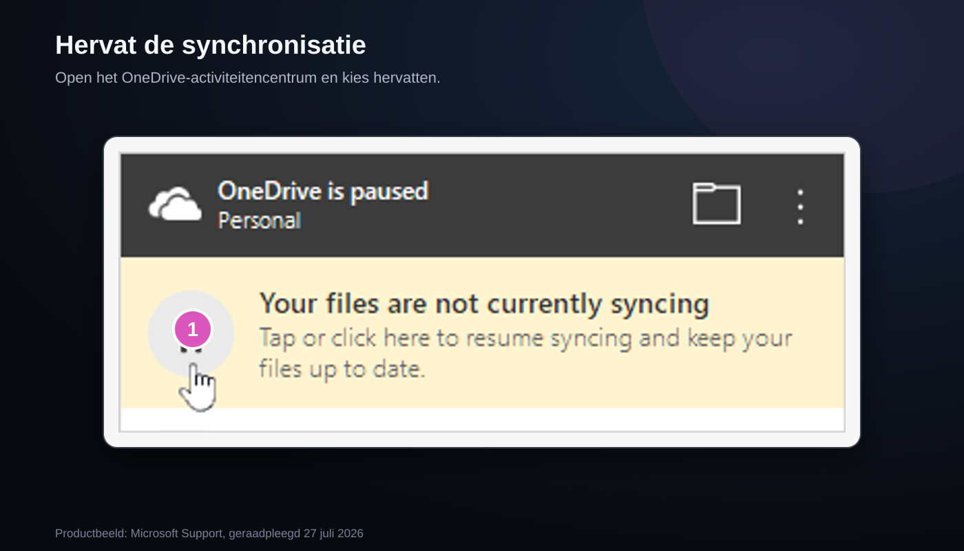 OneDrive-activiteitencentrum met marker op de knop om een gepauzeerde synchronisatie te hervatten