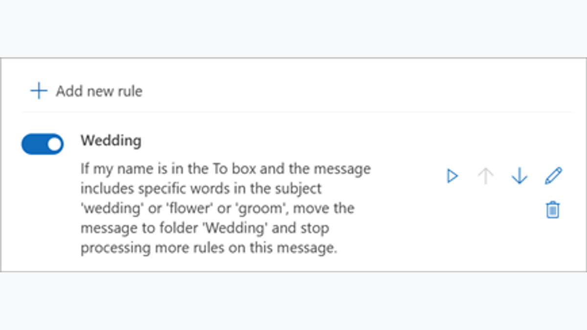 Outlook-instellingen met schakelaars voor het activeren van bestaande inboxregels