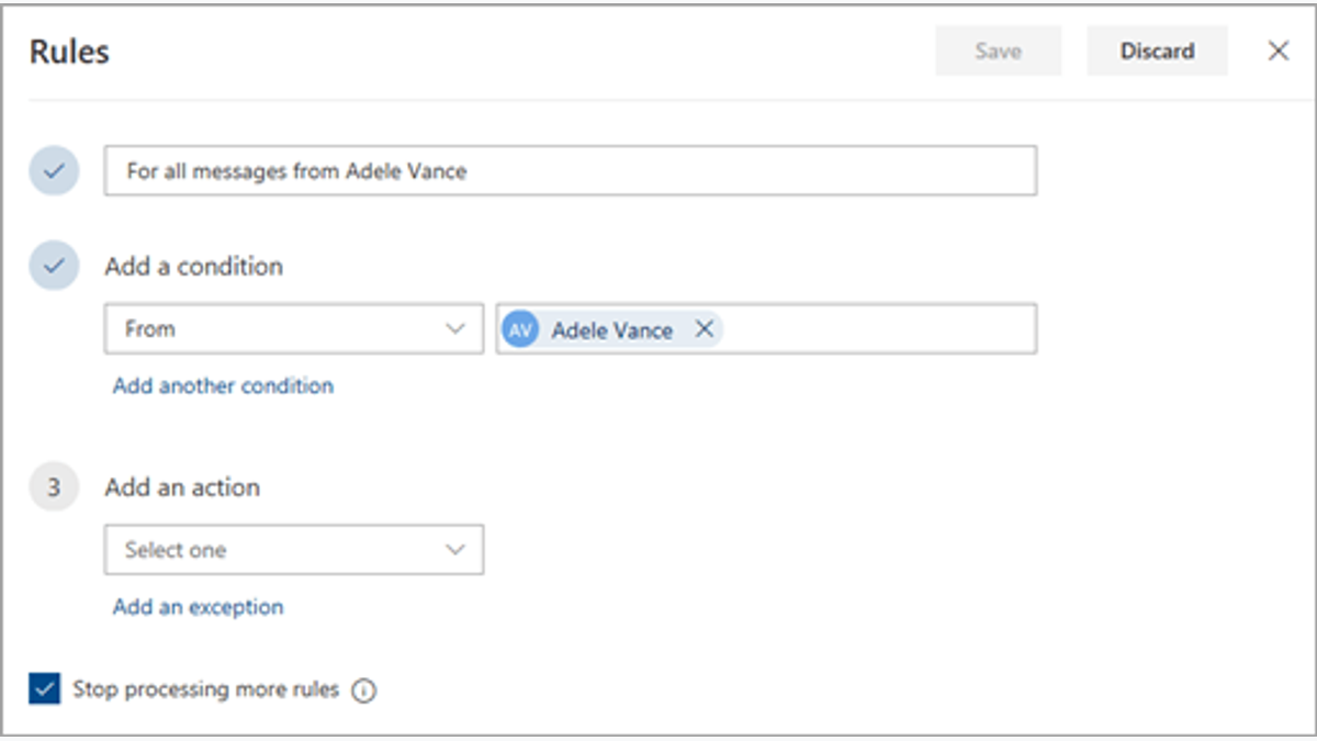 Outlook-venster voor een nieuwe inboxregel met naam voorwaarde en actie