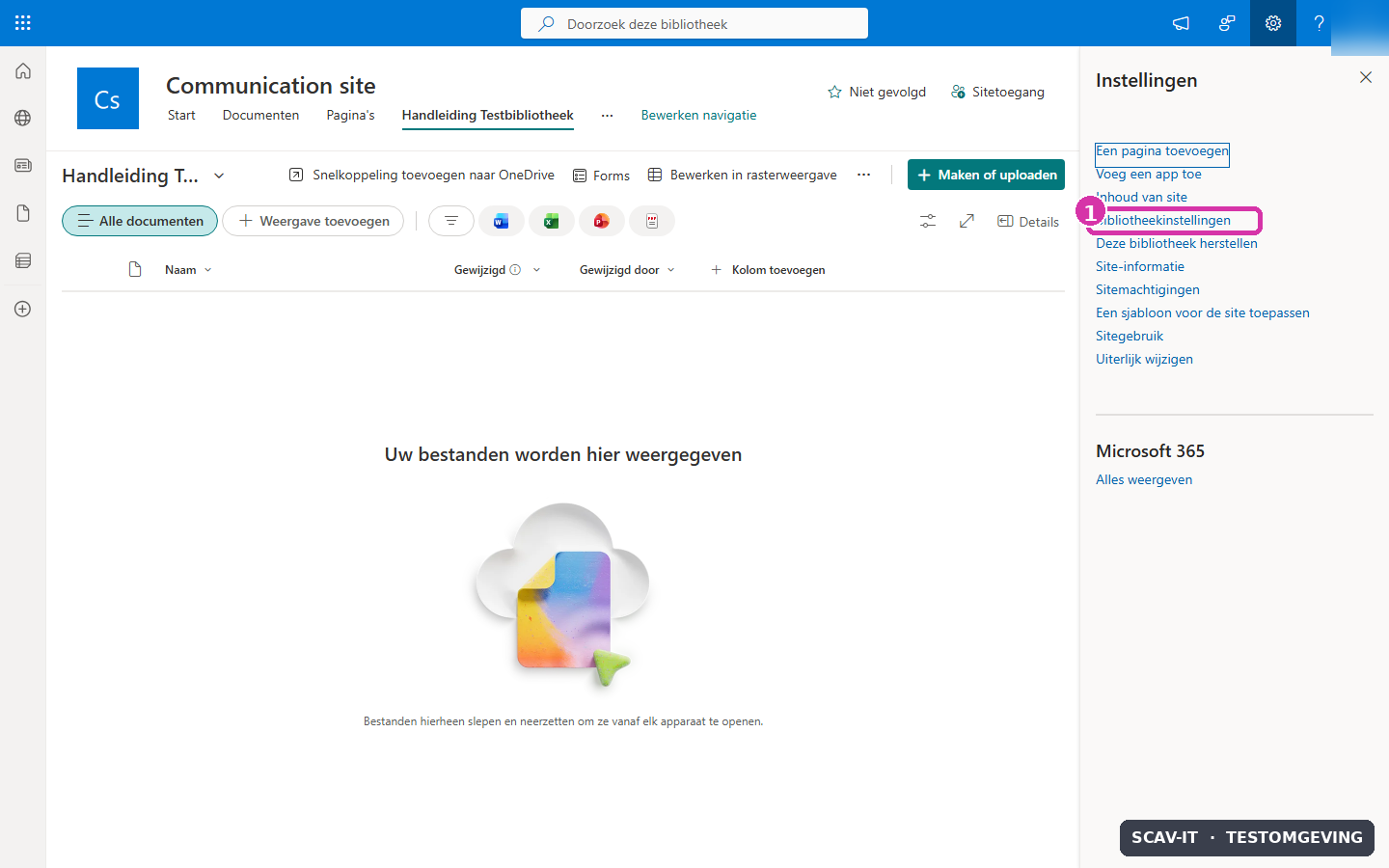 SharePoint-documentbibliotheek met het instellingenpaneel en de optie Bibliotheekinstellingen gemarkeerd