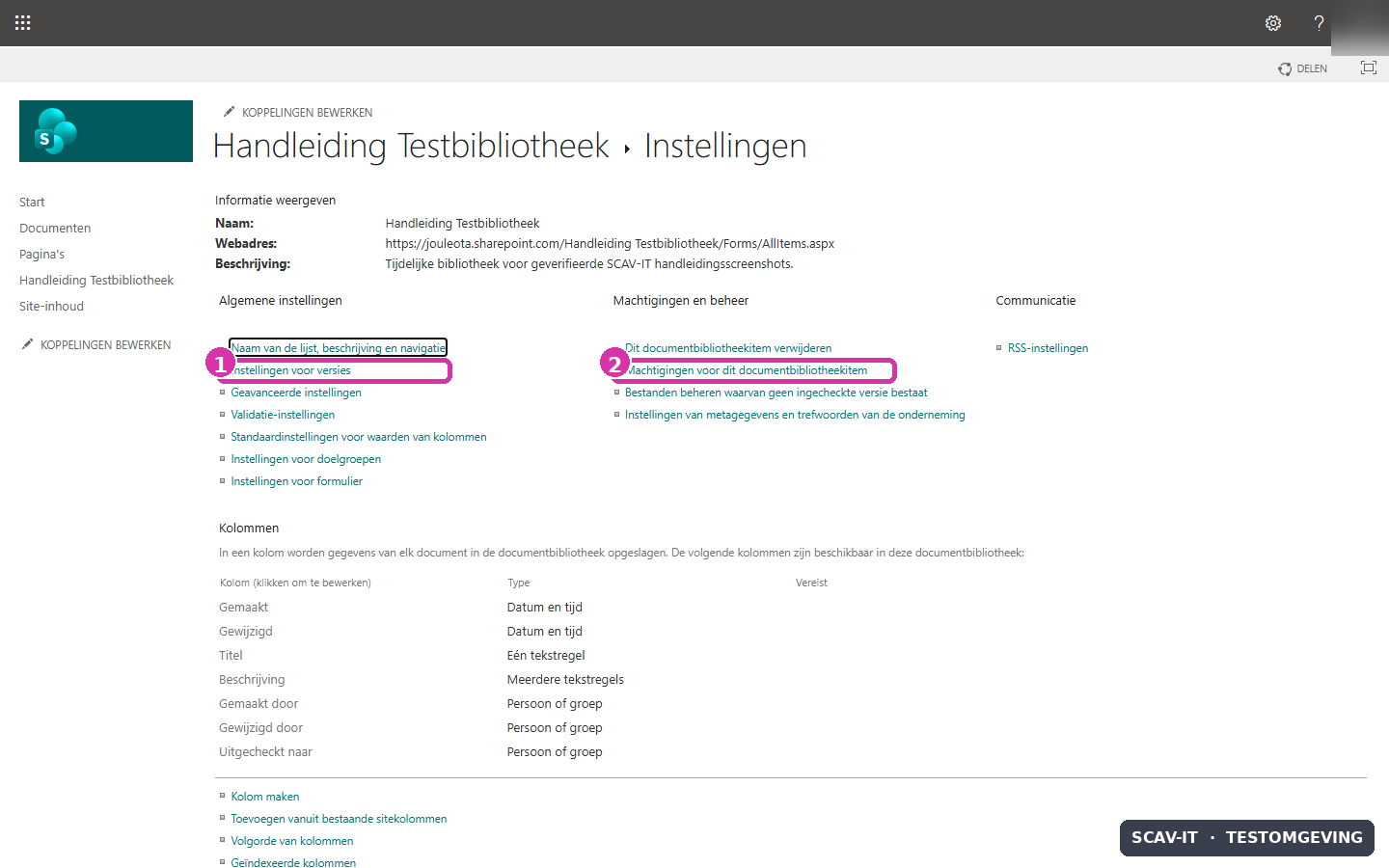 Instellingenpagina van een SharePoint-documentbibliotheek met Machtigingen voor dit documentbibliotheekitem gemarkeerd