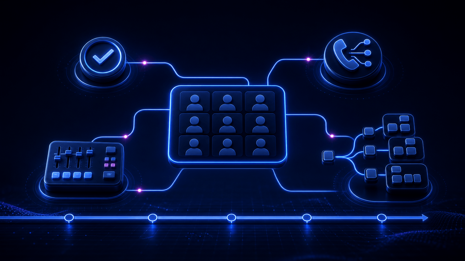 Technische illustratie van een Teams-vergadering met opnamecontrole, telefonie, productieregie, breakout rooms en een tijdlijn